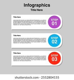 O texto do processo de três etapas bloqueia os círculos coloridos passos numerados.