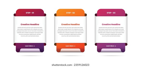 Three step text presentation business infographic card template with abstract fold shape and gradient