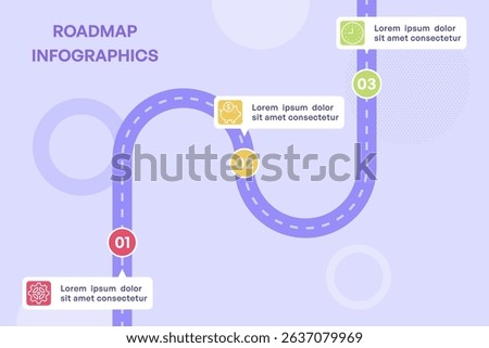 Three Step Timeline Road with Bold Icons and Curved Arrows Vector Illustration