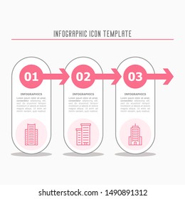 Three step town building infographic. City pictogram icons.