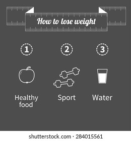 Three step weight loss infographic. Healthy food, sport fitness, drink water icon. Measuring tape. Outline effect. Flat design  Vector illustration