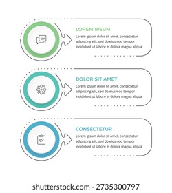 Three step workflow infographic with circular elements and arrows