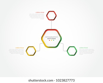 three steps 3d infographic template with hexagonal elements. business process template with options for brochure, diagram, workflow, timeline, web design