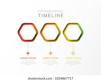 three steps 3d infographic template with hexagonal elements. business process template with options for brochure, diagram, workflow, timeline, web design