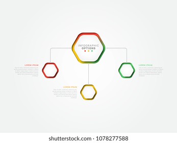 three steps 3d infographic template with hexagonal elements. business process template with options for brochure, diagram, workflow, timeline, web design