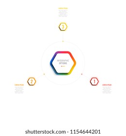 three steps 3d infographic template with hexagonal elements. business process template with options for brochure, diagram, workflow, timeline, web design