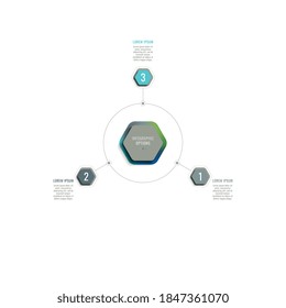 Three steps 3d infographic template with hexagonal elements. Business process data visualisation for annual report, brochure, diagram, workflow, timeline, web design. Eps 10