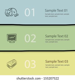 three steps business background layout / cartoon infographics style, vector and illustration. Can be used for workflow layout, diagram, number options, step up options and infographics. 