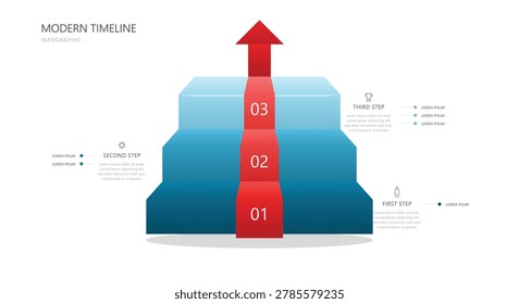 Three steps central pyramid staircase timeline infographic presentation design layout template featuring big red target milestone pointer top arrow