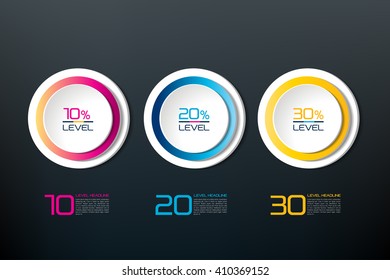 Three steps connected element banner, template, chart, infographic, step by step number option, layout. 3D cyrcle style.