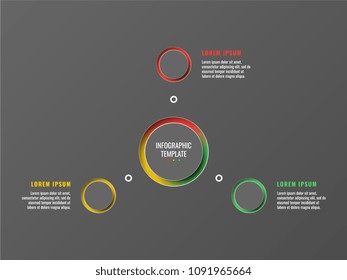 three steps design layout infographic template with round 3d realistic elements on dark background. process diagram for brochure, banner, annual report
