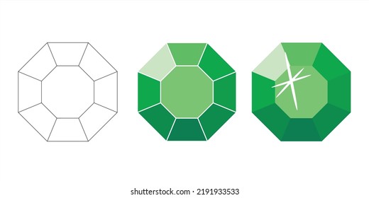 Three steps to draw an emerald green jade to create children's games. Jade in the shape of an octagon. Jewelry set.