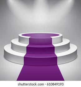 Three steps empty round podium. Purple carpet. Award ceremony. 3d vector design object svg