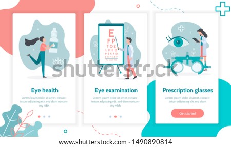 Three steps to eye health. Ophthalmology concept. Onboarding screens template for mobile applications and websites. Flat vector illustration. 