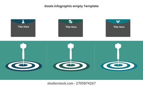 O modelo infográfico de meta de três etapas mostra o alvo de dartboard com dardo no centro e espaços reservados vazios. Ideal para apresentação de negócios, etapas para visualização de sucesso.