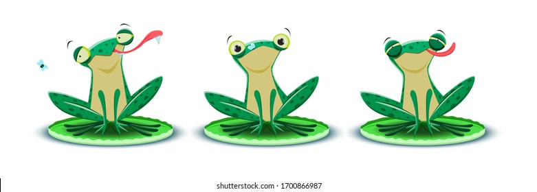 Three steps how frog catches the fly. Vector illustration.