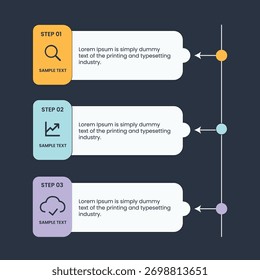 drei Schritte Infografik-Design auf dunklem Hintergrund