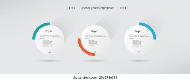 THREE Steps of infographic Process or chart with Blue. orange, grey, white Circle option pannel on white background and Infographic template with 3 opions or steps design.eps
