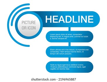 Three steps infographic template with main headline block and 3 points or goals in vertical order