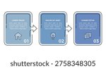 Three steps infographic template with numbered rectangular frames and connecting arrows