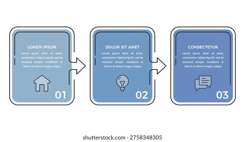 Three steps infographic template with numbered rectangular frames and connecting arrows