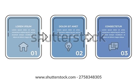 Three steps infographic template with numbered rectangular frames and connecting arrows