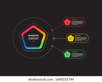 three steps infographic template with pentagons and polygonal elements on a black background. modern business process visualisation with thin line marketing icons. vector illustration eps 10