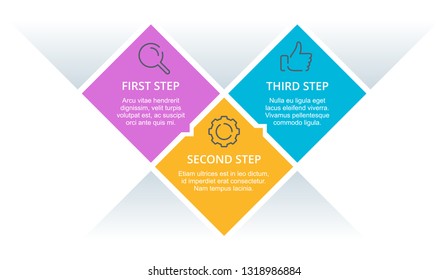 Three steps infographic template - rhombic fragments with icons of search, process and success - modern vector presentation