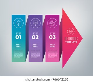 Tres pasos infográficos: ilustran una estrategia, flujo de trabajo, trabajo en equipo, calendario de la empresa o una forma de éxito.
