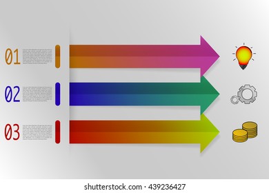 Three steps infographics with colorful arrows in origami style. 3 steps timeline with colorful gradient icons and arrows with shadow. Modern business diagram.