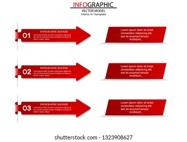Three steps of the infographics in the form of red arrows that point to the plates.Can be used as a business,advertising,presentation,diagram,workflow layout,banner,flow chart,concepts,tables.