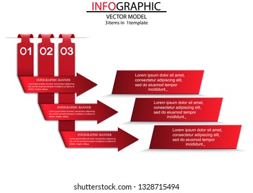 Three steps of the infographics in the form of red arrows that point to the plates.Can be used as a business,advertising,presentation,diagram,workflow layout,banner,flow chart,concepts,tables.
