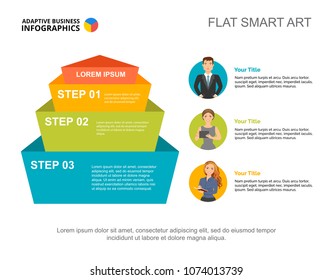 Three steps marketing process chart template for presentation. Business data visualization. Strategy, workflow, idea, teamwork or insurance creative concept for infographic, report, project layout.