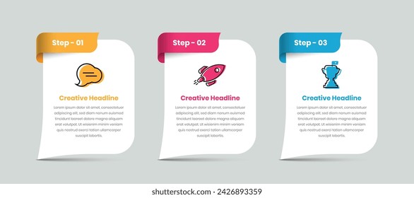 Tres pasos de diseño de plantilla de infografía de presentación de procesos de negocios modernos con icono