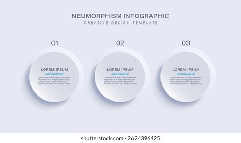 Três etapas ou opções vetor infográfico modelo em estilo neumorfismo. Design minimalista de informações para slides de apresentação de negócios