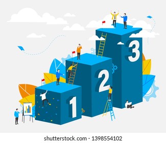 Three Steps. People. Template. Cooperation. Business Concept. Way To Success. Career Growth. Vector Model, Flat Design Style. Team, Teamwork, Partnership And Unity. All Elements Are Isolated. EPS 10.