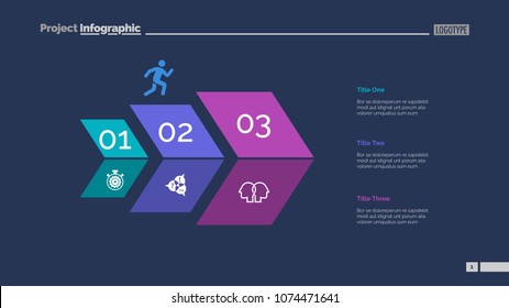 Three steps process chart slide template. Business data. Optimization, diagram, design. Creative concept for infographic, presentation. Can be used for topics like marketing, strategy, economics.