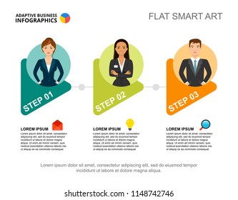 Three steps process chart template for presentation. Business data visualization. Strategy, management, production or marketing creative concept for infographic, report, project layout.