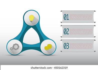 Three steps timeline infographics connected in abstract shape on rounded diagram. 3 steps infographic with banners, colored icons on blue triangle shape with rounded shapes on gradient gray backdrop