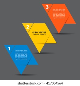 Three steps timeline objects template. Abstract shape with shadows. Place for text inside . Vector illustration.