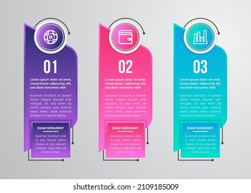 three steps vector illustration of half hexagonal block infographic element. vertical layout with icon. 