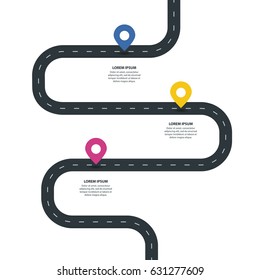 Three Steps Winding asphalt road with pin-pointers. Vector EPS 10