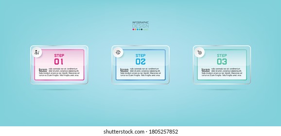 Tres pasos de diseño de vidrio cuadrado de trabajo pueden utilizar la explicación sobre el negocio y el proceso de trabajo. ilustración vectorial.