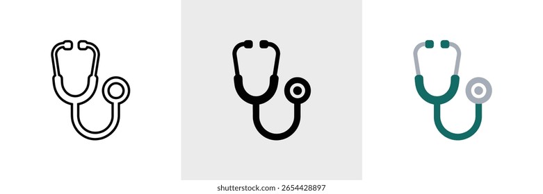 Three stethoscope icons showcase different design styles a line drawing, a solid black silhouette, and a teal design, all on a clean white background.
