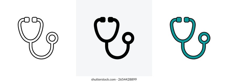 Drei Stethoskop-Symbole werden nebeneinander auf weißem Hintergrund angezeigt, als Strichzeichnung wiedergegeben, als durchgezogene schwarze Silhouette und als farbiges medizinisches Symbol dargestellt.
