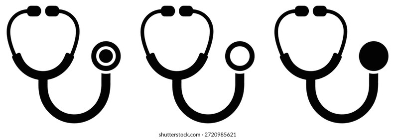 Tres estetoscopios en diversas variaciones para el uso médico, ilustración del diseño del Vector del icono del estetoscopio, icono del Vector del estetoscopio en diseño plano de moda 