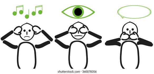 Three stick figure who can not hear, see or want to say. Saying accompanied with the symbols, music, mind and speech bubble.