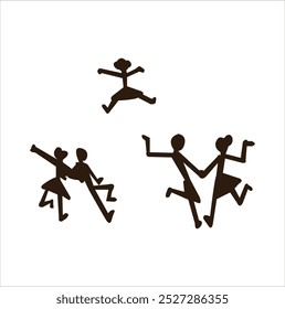 Three stick figures dancing, one jumping, and one carrying another. 
Three stick figures in dynamic poses, perfect for dancerelated designs such as posters, invitations, and social media graphics.