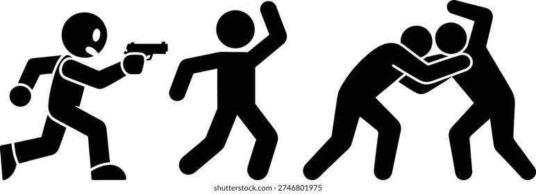 Three stick figures demonstrating different types of violence and aggression.