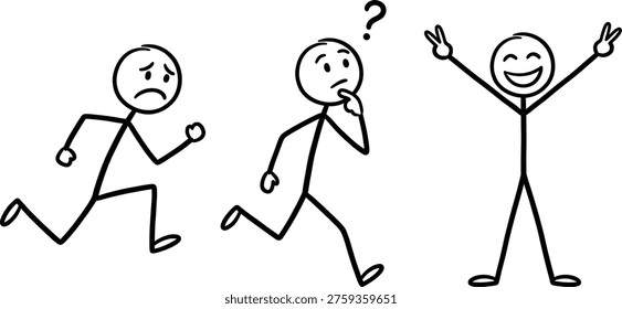 Three stick figures depict a journey of emotions, from sadness and contemplation to joy and victory. Ideal for concepts of progress, problem-solving, and achieving goals in marketing or education.